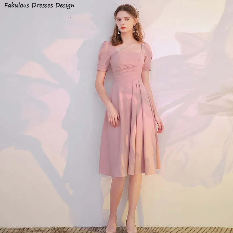 

Pink Knee Length Bridesmaid Dresses Short Sleeves A Line Satin Elegant Women Wedding Party Dress 2021 Prom Gown