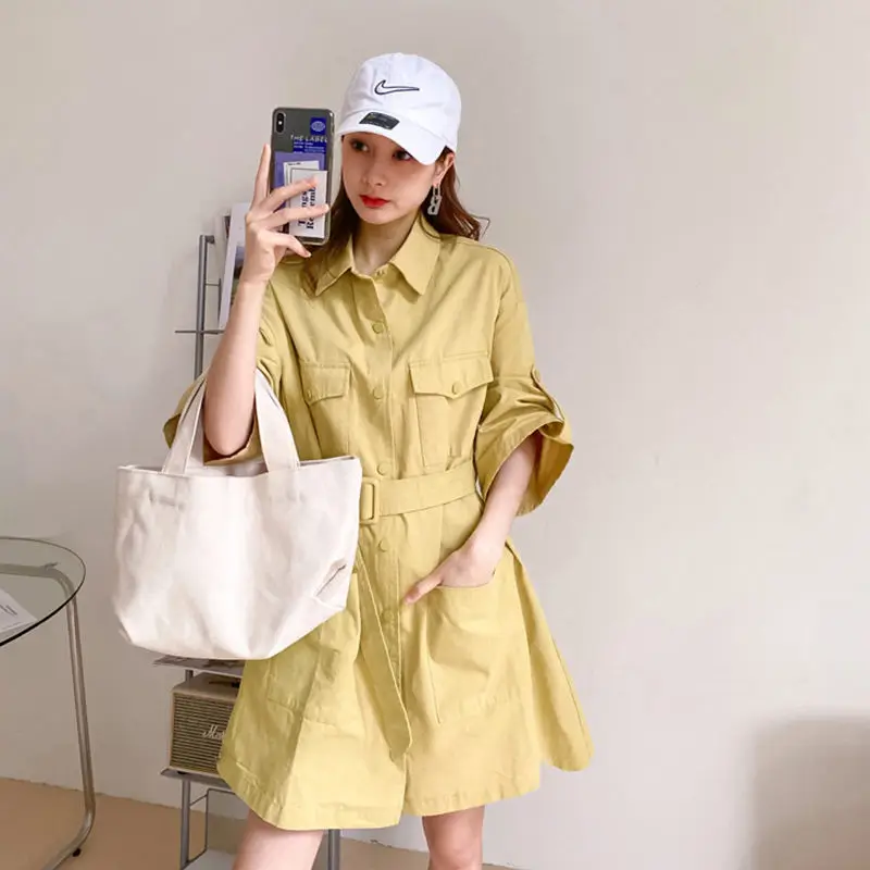 

Tooling dress women's 2021 spring and summer new look slim and small with belt, medium and long short sleeve shirt and skirt
