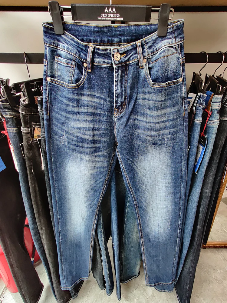 Джинсы мужские прямые стрейчевые классические брюки из денима повседневные