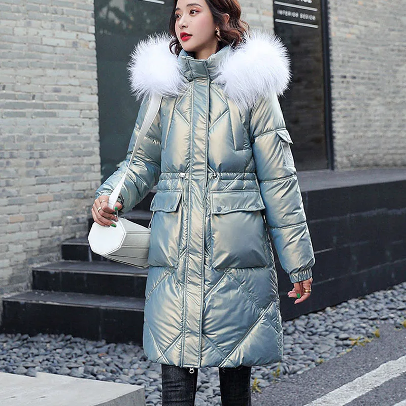 Thick Fur Collar Parkas Women Coat 2021 New Fashion Winter Warm Hooded Down Cotton Casual Glossy Womens Jacket NBH340 | Женская одежда