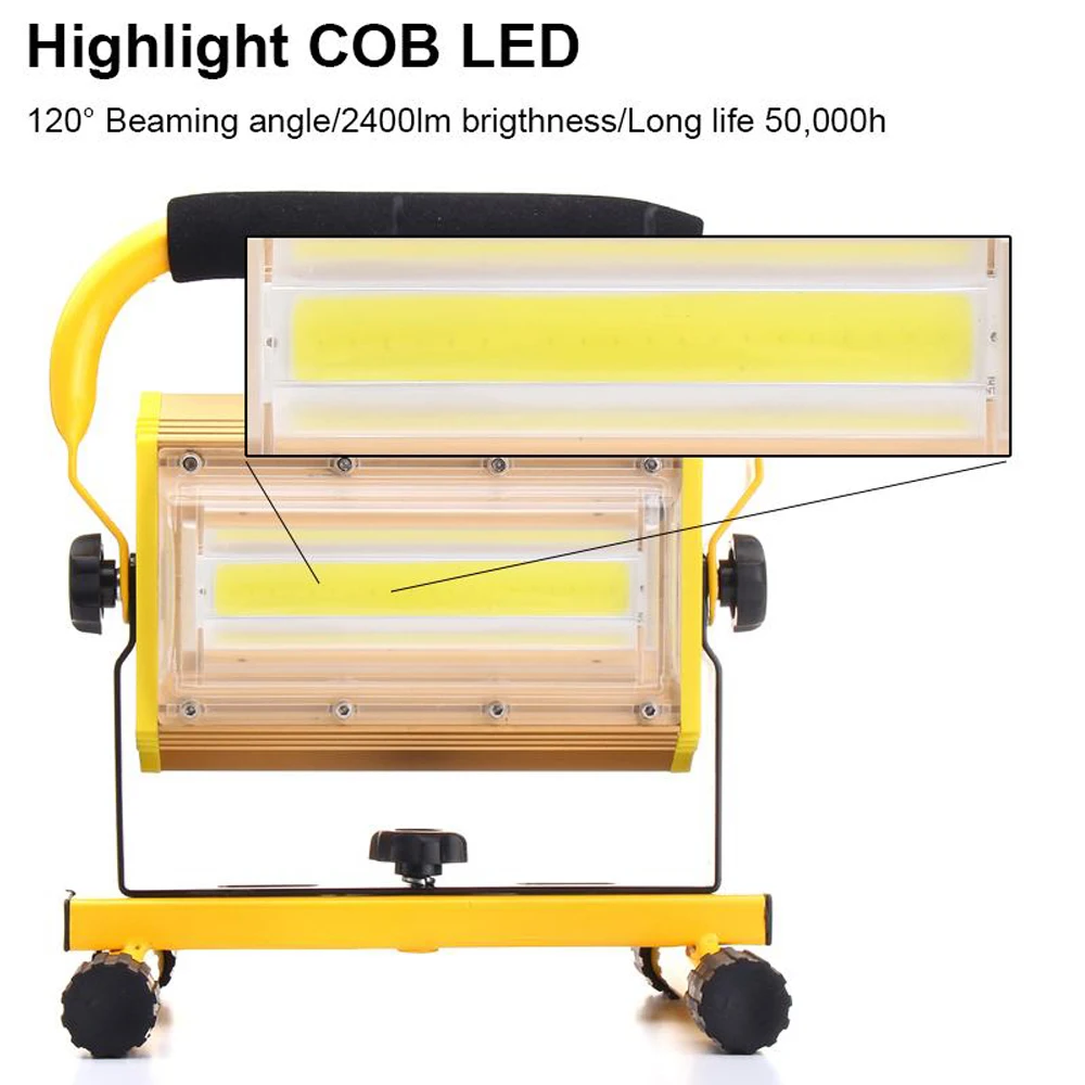 구매 충전식 100W 투광 조명 COB 작업 조명 LED 반사판 Waterprrof 탐조등 18650 배터리로 구동, 서치 라이트 콤스트루션 램프