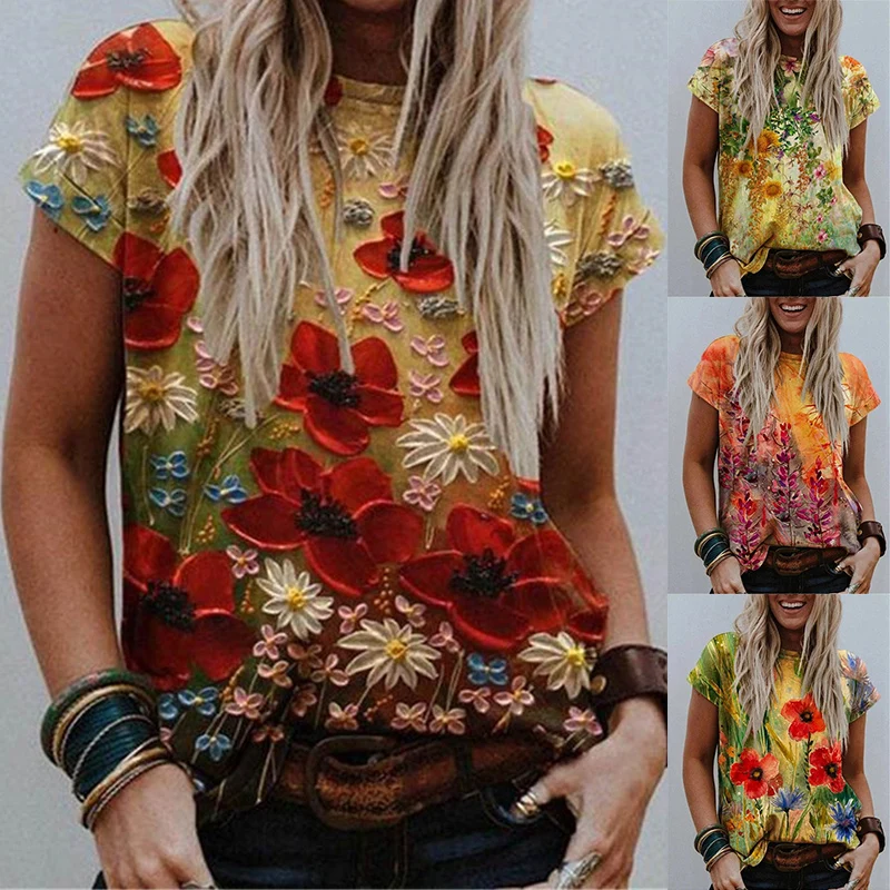 

Women Summer Fashion Colors Sexy 3D T-Shirts Floral Big Large Plus Sizes Floral Loose Big Large Vintage Fashion Tops Tees