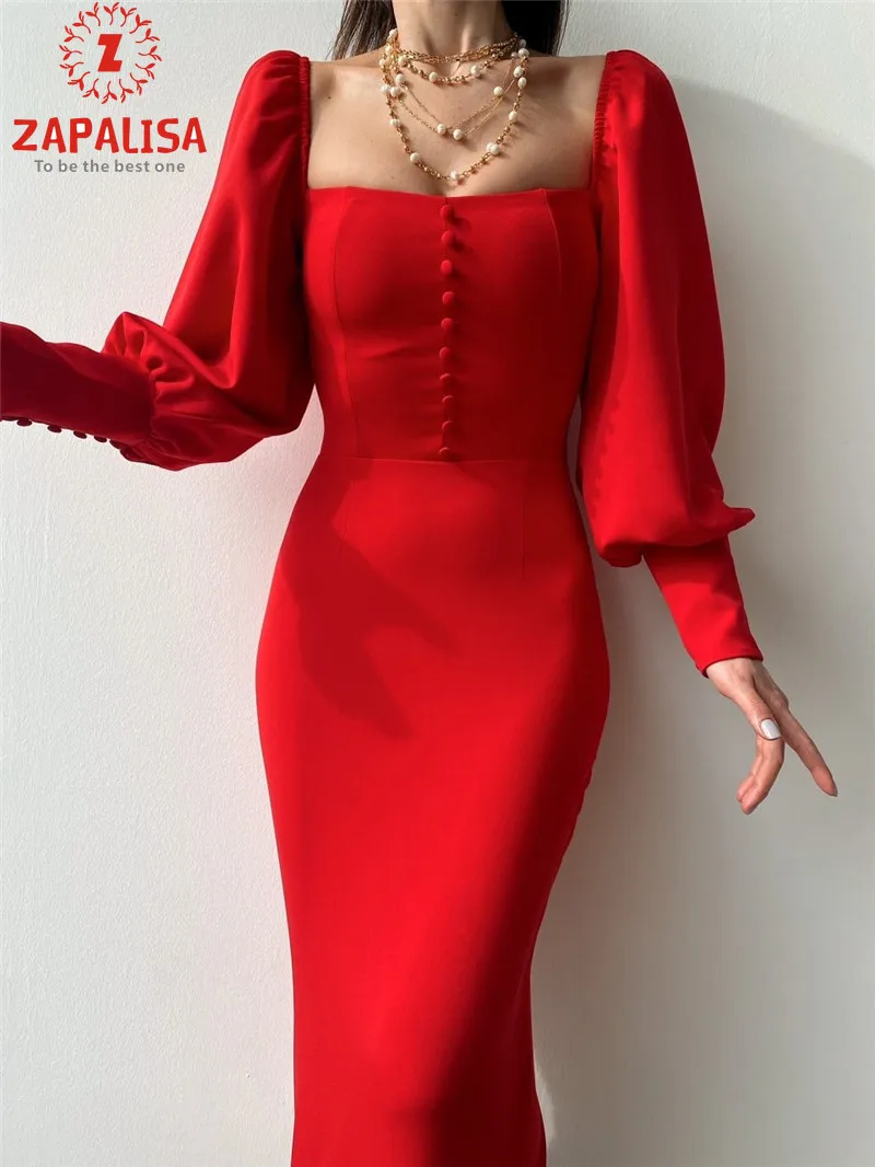 

Elegant Solid Color Pencil Dress for Women Patchwork Design Button Split Decor Square Collar Long Sleeve Slim Hips Mini Dress