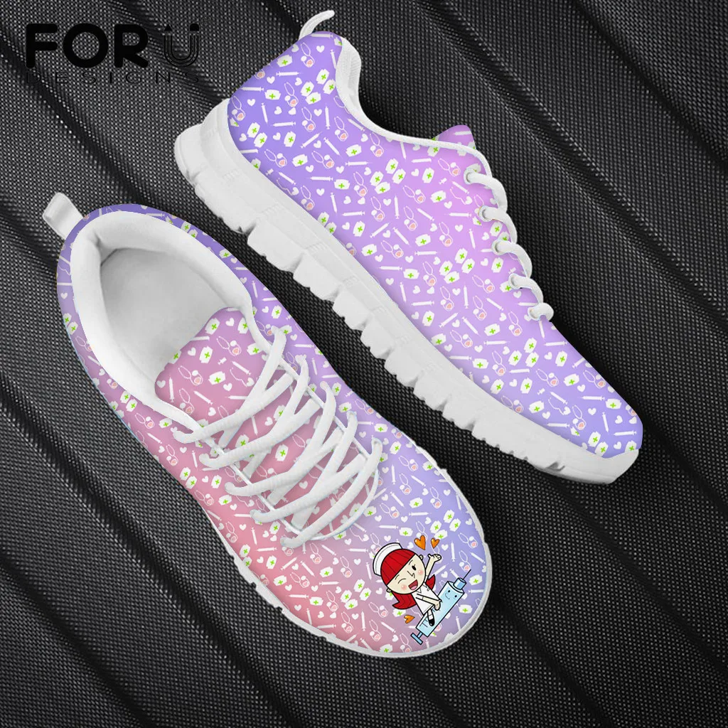 

FORUDESIGNS Lovely Cartoon Nures Caring Pattern Women Flats Shoes Breathable Air Mesh Sneakers Female Super Light Lace Up Shoes