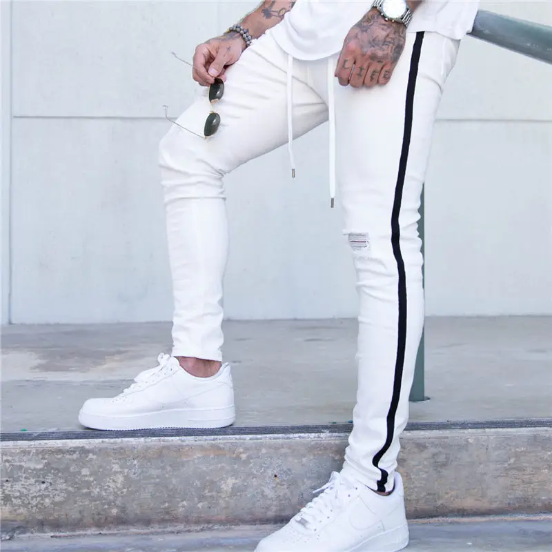 

Mens Black Striped Print Hole Skinny Vintage White Jeans Fashion Ripped Slim Denim Pants For Men 2021 Male Hip Hop Jean Trousers