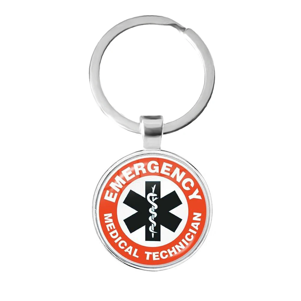 

Emergency Medical Technician Paramedic Symbol Logo Keychain Glass Cabochon Blue Star of Life EMT Sign Key Rings Holder for Gift