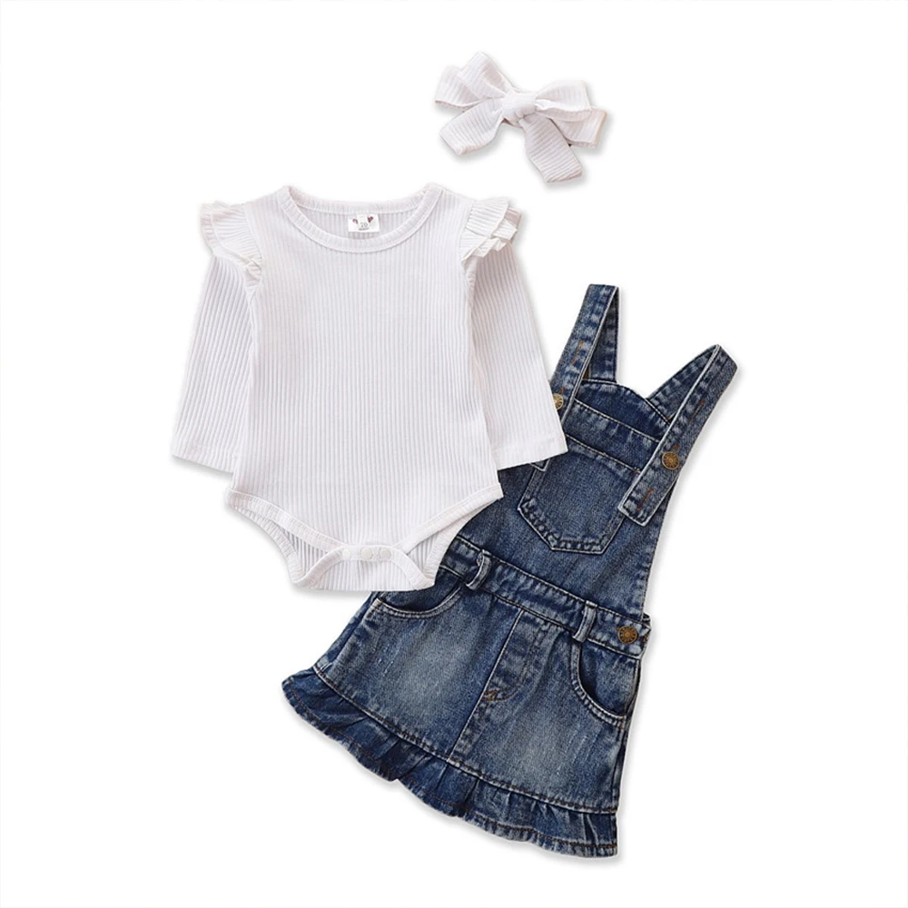 

Newborn Long Sleeve Casual Dress Baby Girls 3 Piece Set Pullover Autumn Denim Round Neck Ruffle Headband Cotton Solid Romper