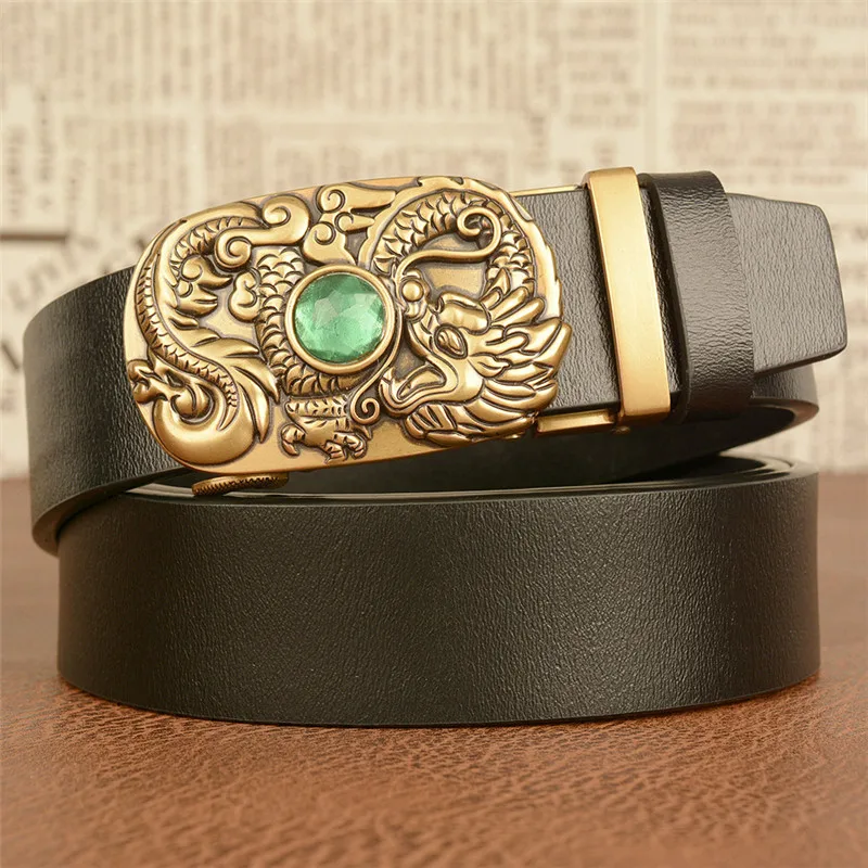 

Fashion Mens Belts Genuine Leather Luxury Dragon With Stone Gold Automatic Buckle Solid Pattern Casual Belt Strap Belt For Male