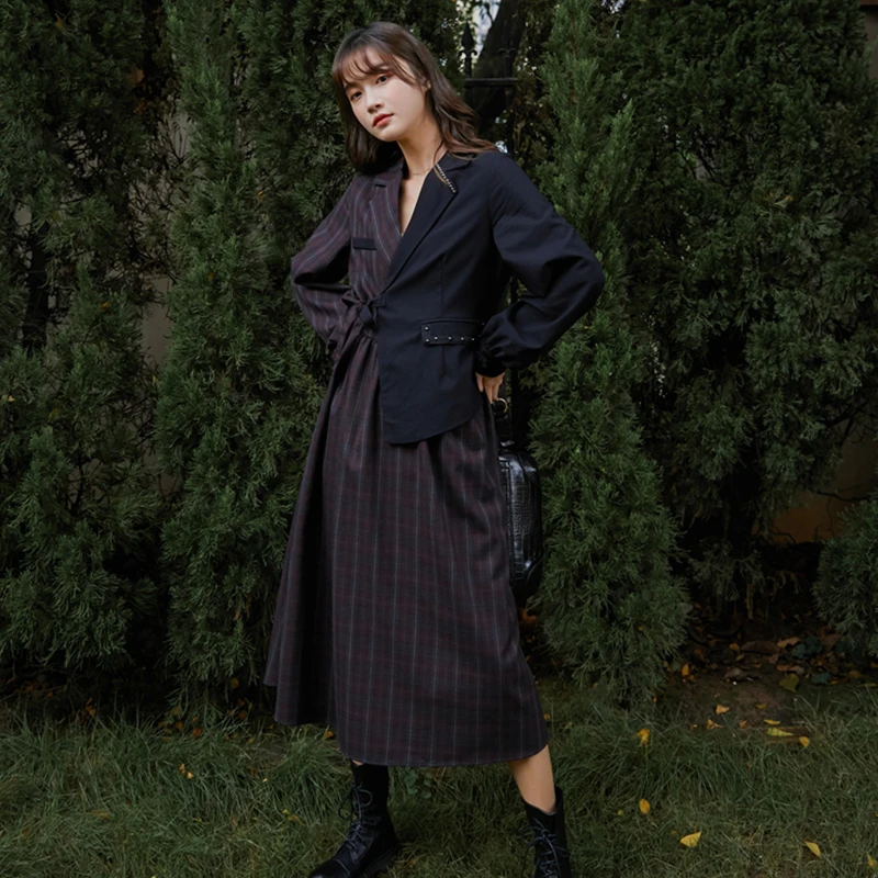 

Vintage Plaid Dress Patchwork Fashion Streetwear Design Long Sleeve Button High Waist Lace Up Female A-line V-neck Blazer Dress