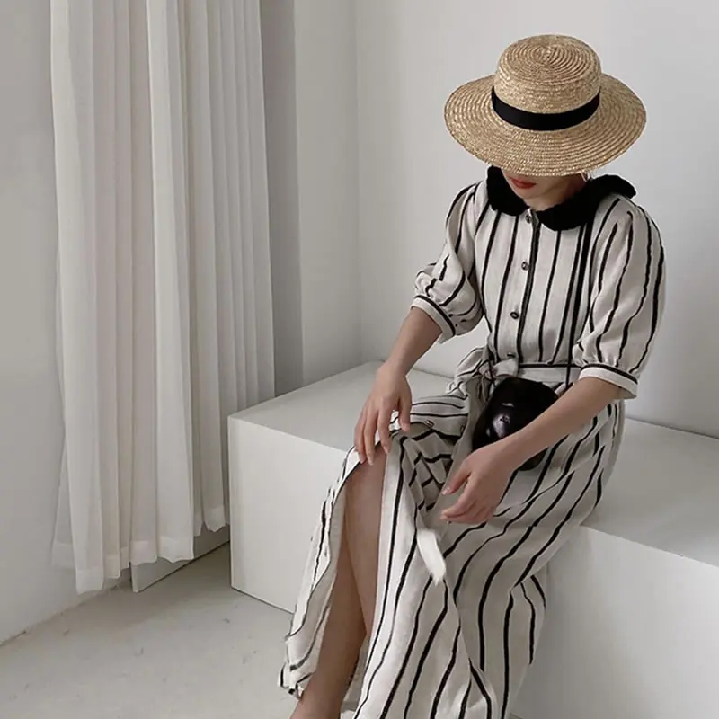 

XITAO Striped Patchwork Dress Women Trendy Fashion New Style O Neck Collar Short Sleeve Single Breasted Pocket Elegant LDD1570