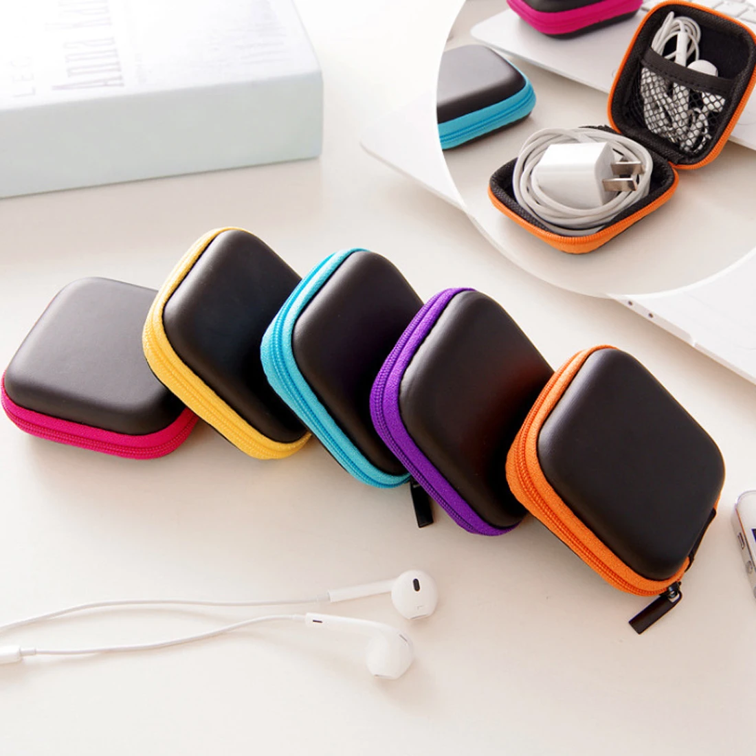 

Convenient and easy to store square storage box for earphone cable storage data cable charger Coin Headphone Protective Box