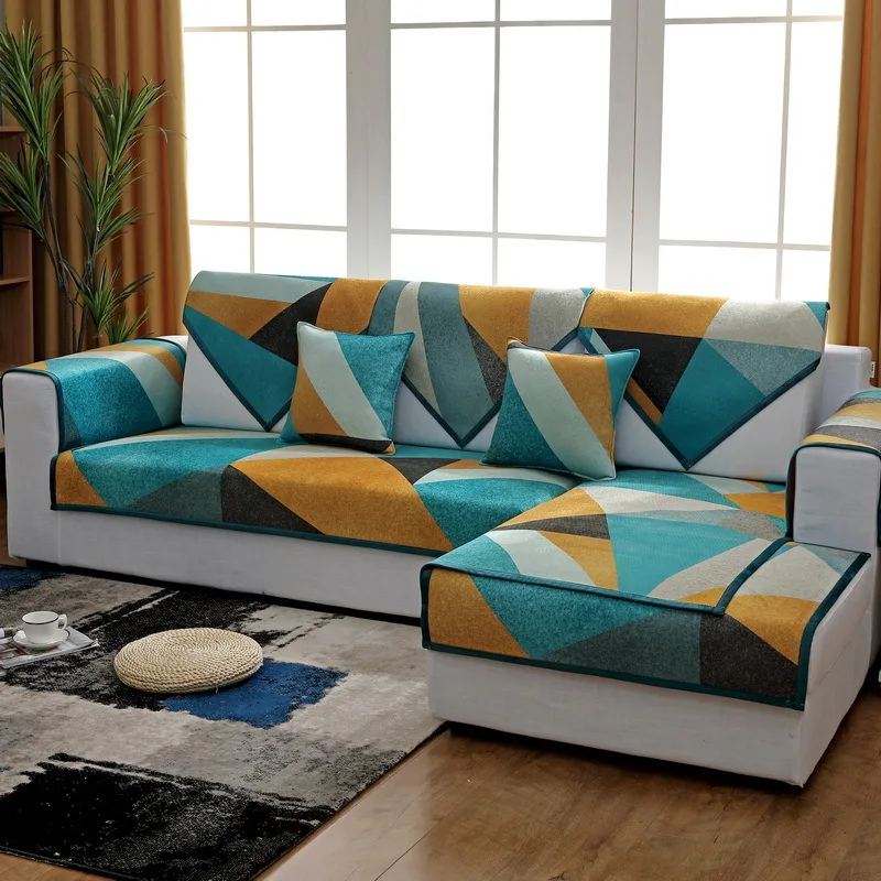 

Modern Luxury Geometric Printed Sofa Towel Soft Chenille Sectional Sofa Cover Anti-slip Couch Cover Floor Mat