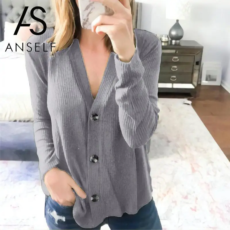 Женский кардиган в рубчик пальто с V-образным вырезом на пуговицах длинным