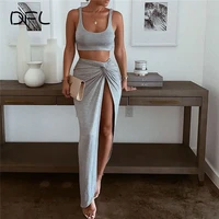 dfllifes sexy two piece outfits women party 2 piece set clubwear sleeveless summer new twist side split long skirts matching set