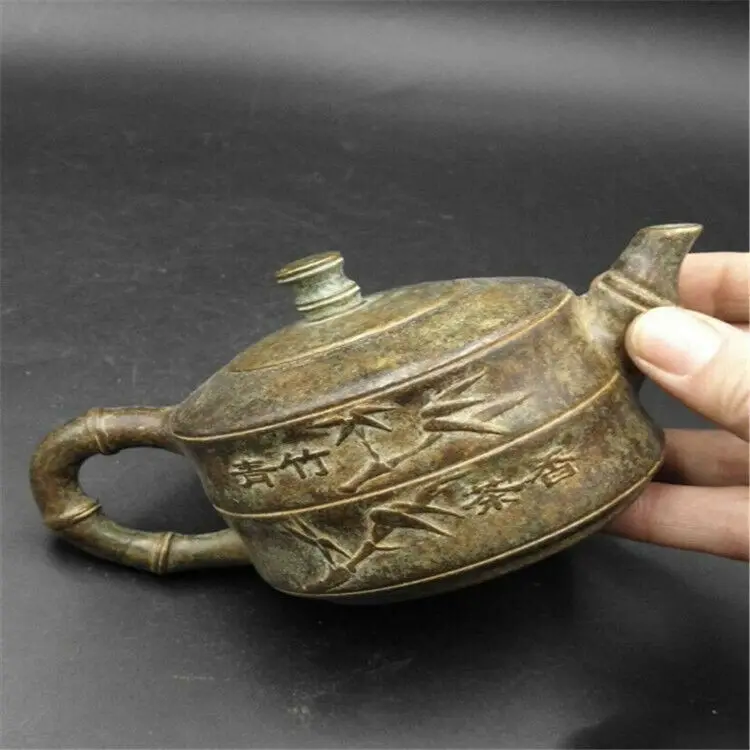 

Old Copper Green Bamboo Tea Kettle China Antiques Collection Ornaments Teapots