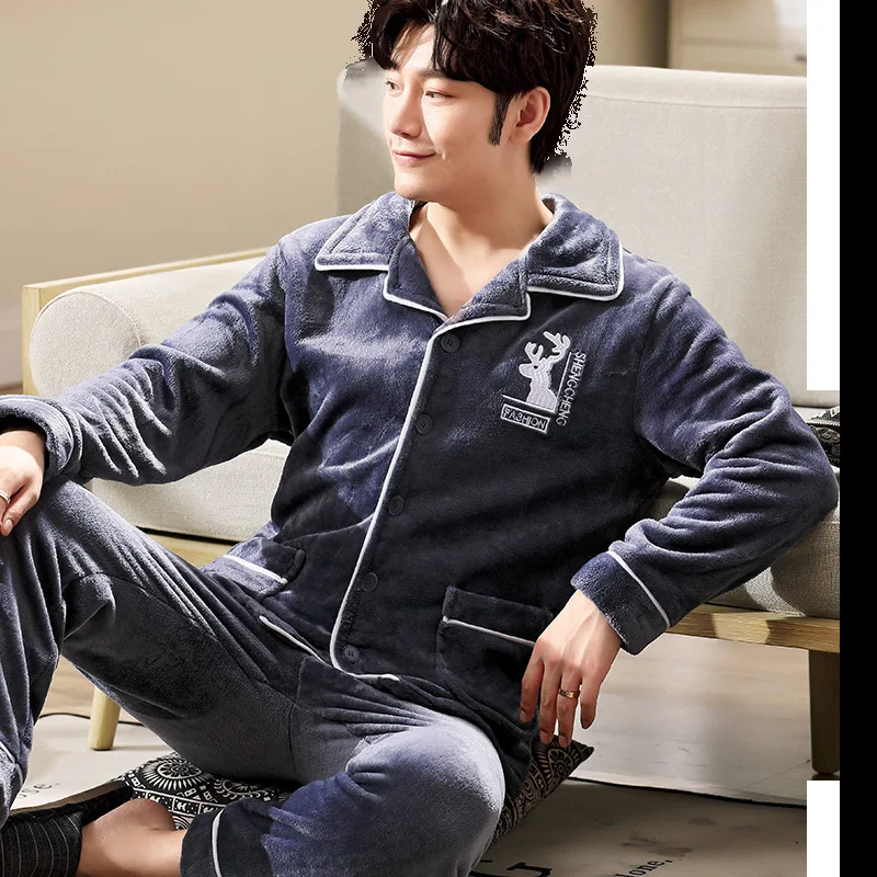 Two Piece Shirt&Pants Lounge Wear Coral Fleece Male Sleepwear Winter Warm Pajamas Set  Soft Flannel Home Clothes Pyjamas