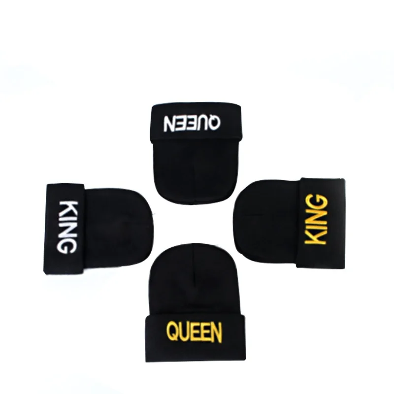 

Hot Style KING Queen Couples Skullies Hats Embroidery Woolen Knitted Caps Women Men Boy Girl Winter Keep Warm Beanies Hat Bonnet
