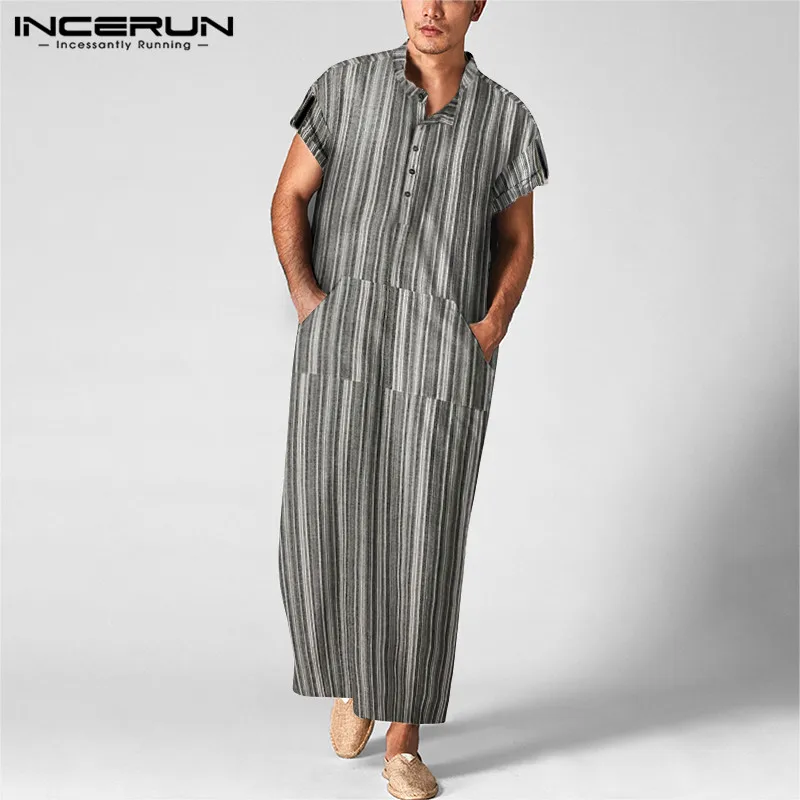 

INCERUN для мужчин Jubba Тауб мусульманской одежды, хлопковое платье с короткими рукавами в полоску с изображением со стоячим воротником Повседн...
