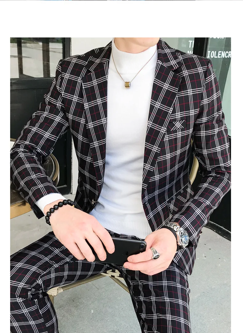 Мужской Клетчатый костюм, костюм до лодыжки, Homme Mariage Cofee, в синюю полоску, в клетку, элегантный Trajes De Hombre Novio, клетчатый костюм для мужчин