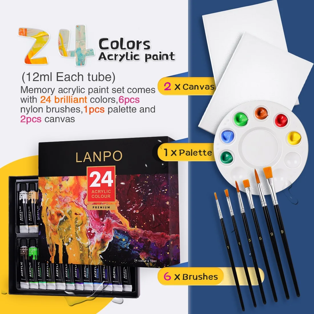 Acrylic Paint Set 24 Colors 12ml 0.4oz Art Craft Supplies for Canvas Wood Ceramic Rock Painting Rich Pigments Non Toxic | Канцтовары для