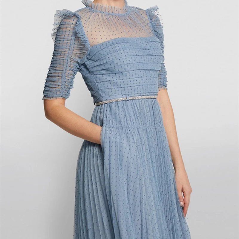 

and 2021 Spring Summer New Fashion Mesh Flocking Rhinestone Belt Elegant and Versatile Long Thin Pleated Dress