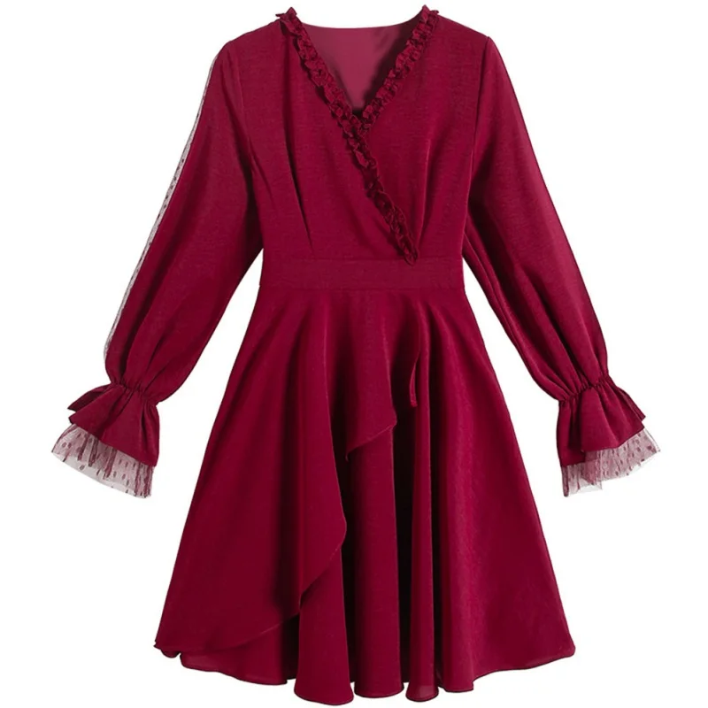 

2021 New Mesh Stitching Woman Dress Spring Autumn Long Sleeve A Line Ladies Elegant Patchwork Mini Dresses