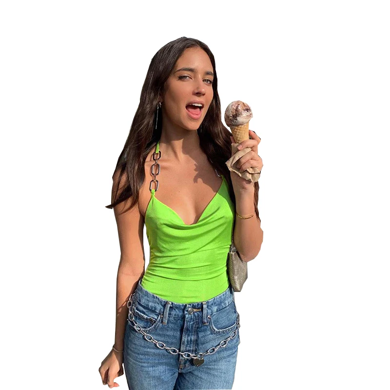 

2021 Summer New Women Sexy Back Hanging Neck Slim Adjustable Short Crop Waistcoat V Solid Color Bustier Top