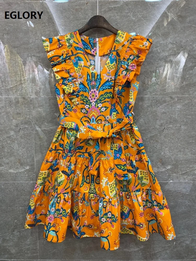 

Top Quality New Cotton Dress 2021 Spring Summer Women V-Neck Runway Print Ruffle Deco Sleeveless A-Line Casual Yellow Dress XL