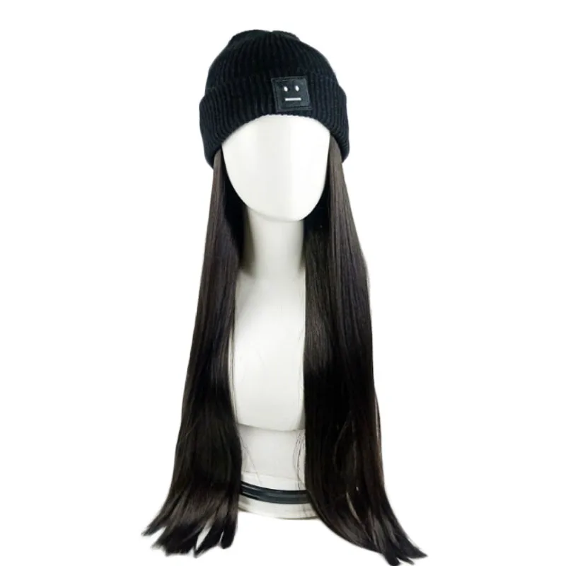 

Fashion one-piece intergrated women's long straight synthetic hair and autumn and winter smiley knit hat one piece hat with hair