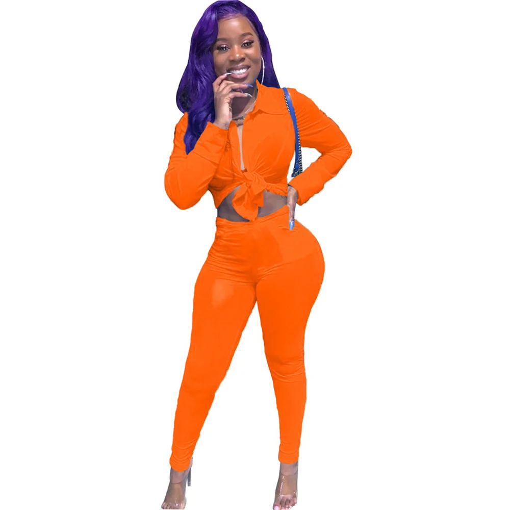 

Sexy Fitness 2 Piece Tracksuit Women's Fall Suit Turn Down Collar Long Sleeve Blouses Tops and Bodycon Tight Pant Casual Clothes