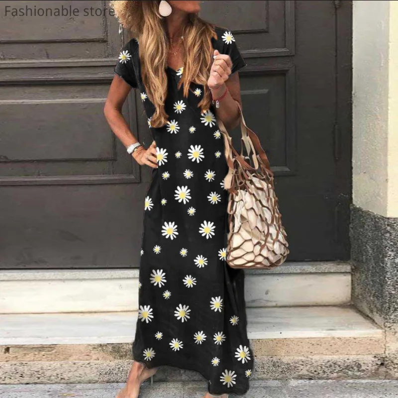 

Women Summer Short Sleeve Casual Ankle Length Dress Floral Print Loose Comfortable Maxi Dress