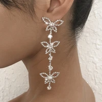 ins shiny rhinestone three butterfly long drop earrings wedding jewelry for women luxury crystal tassel dangle earrings gift