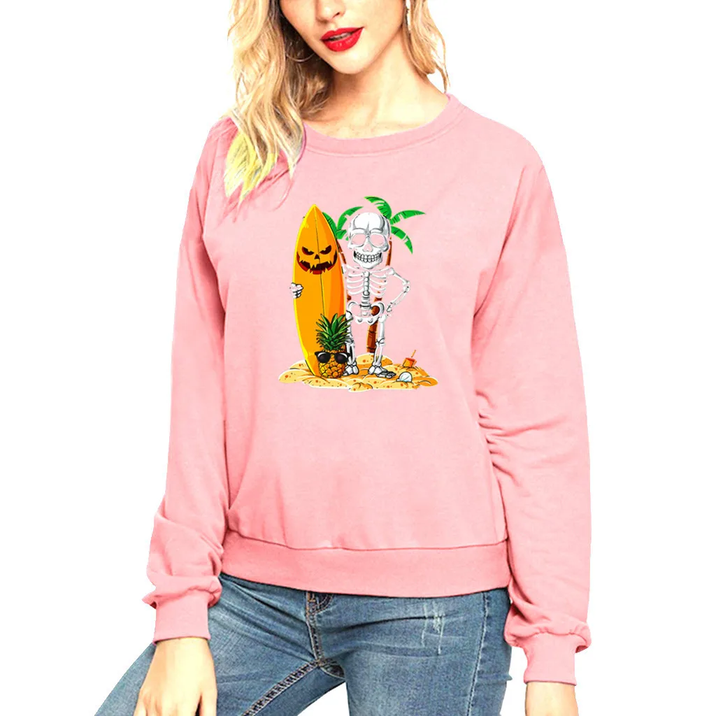

Halloween Fun Pattern Printed Long Sleeve Tops Round Neck Sweatershirt Letter Printing Sweatshirt Women