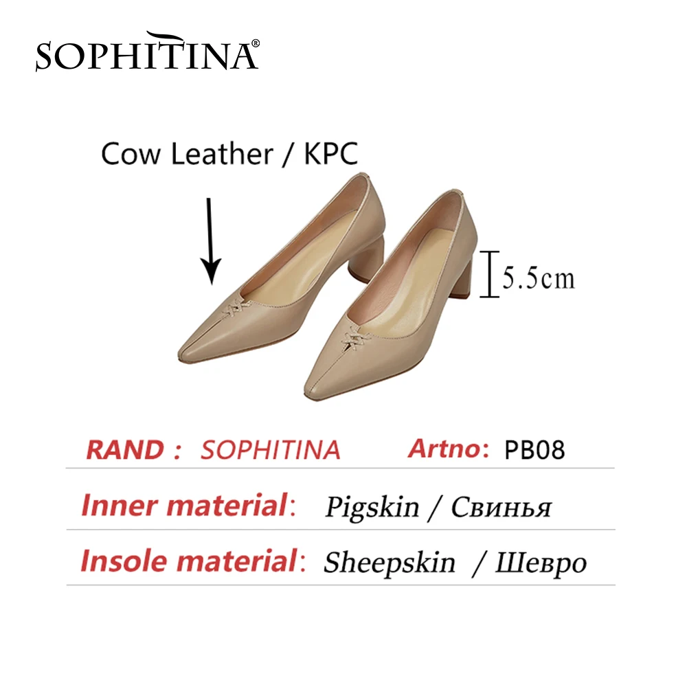 

SOPHITINA Pumps Womna Genuine Leather Pointed Toe Narrow Band Cross-tied Shallow High Square Heel Offcie Lady Shoes PB08