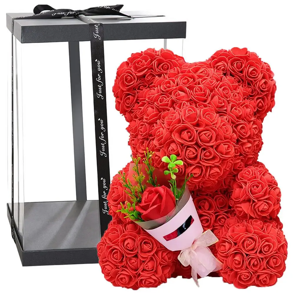 

Cm Rose Teddy Bear With Box PE Forever Artificial Flower Bear Rose Valentines Day Women Gifts Wedding Decoration Dropshipping