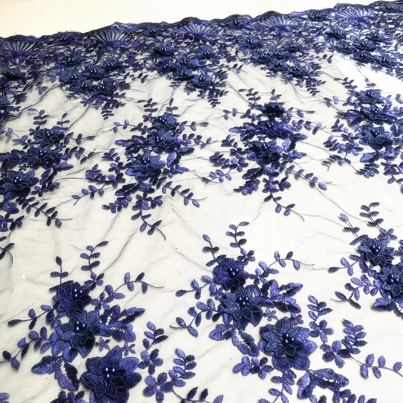 3 Ярд/партия синяя вышитая кружевная ткань сетчатая с бусинами для ногтей платьев