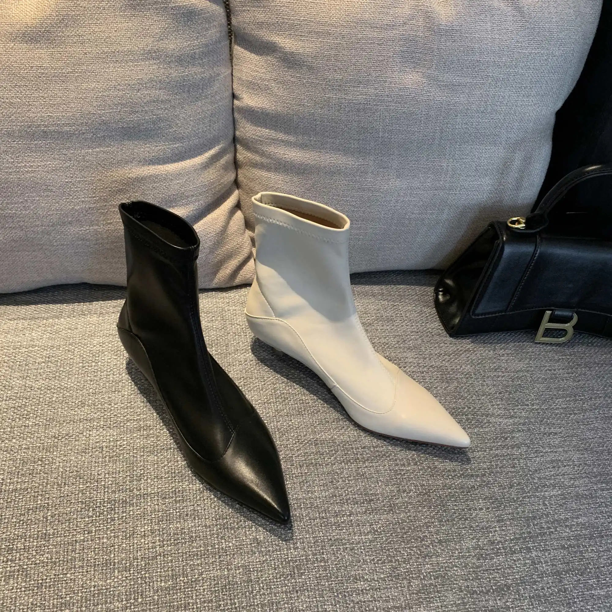 

Krazing pot new work boots real leather stretch fashion pointed toe thin med heel slip on office aldy daily wear ankle boots L62