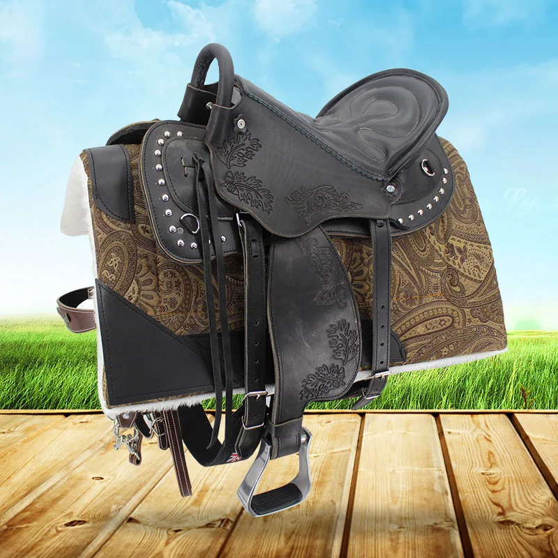 Cattle Hide Saddle Full Set Harness Leather Carved Large Horse Endurance Saddle Pony Equestrian Supplies