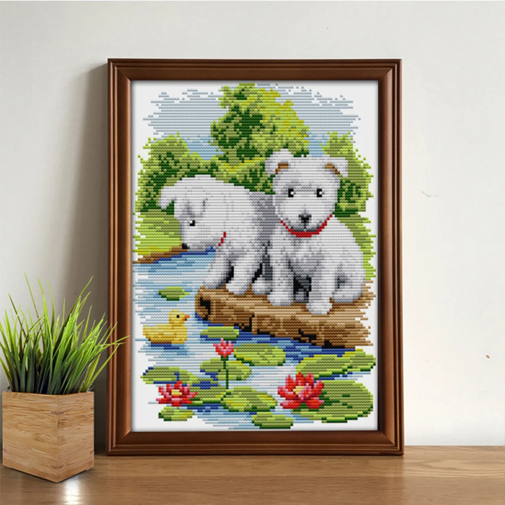 

Stamped Cross Stitch Starter Kits Beginners Cross-Stitching Pre-Printed Pattern - Two Dogs, No Frame