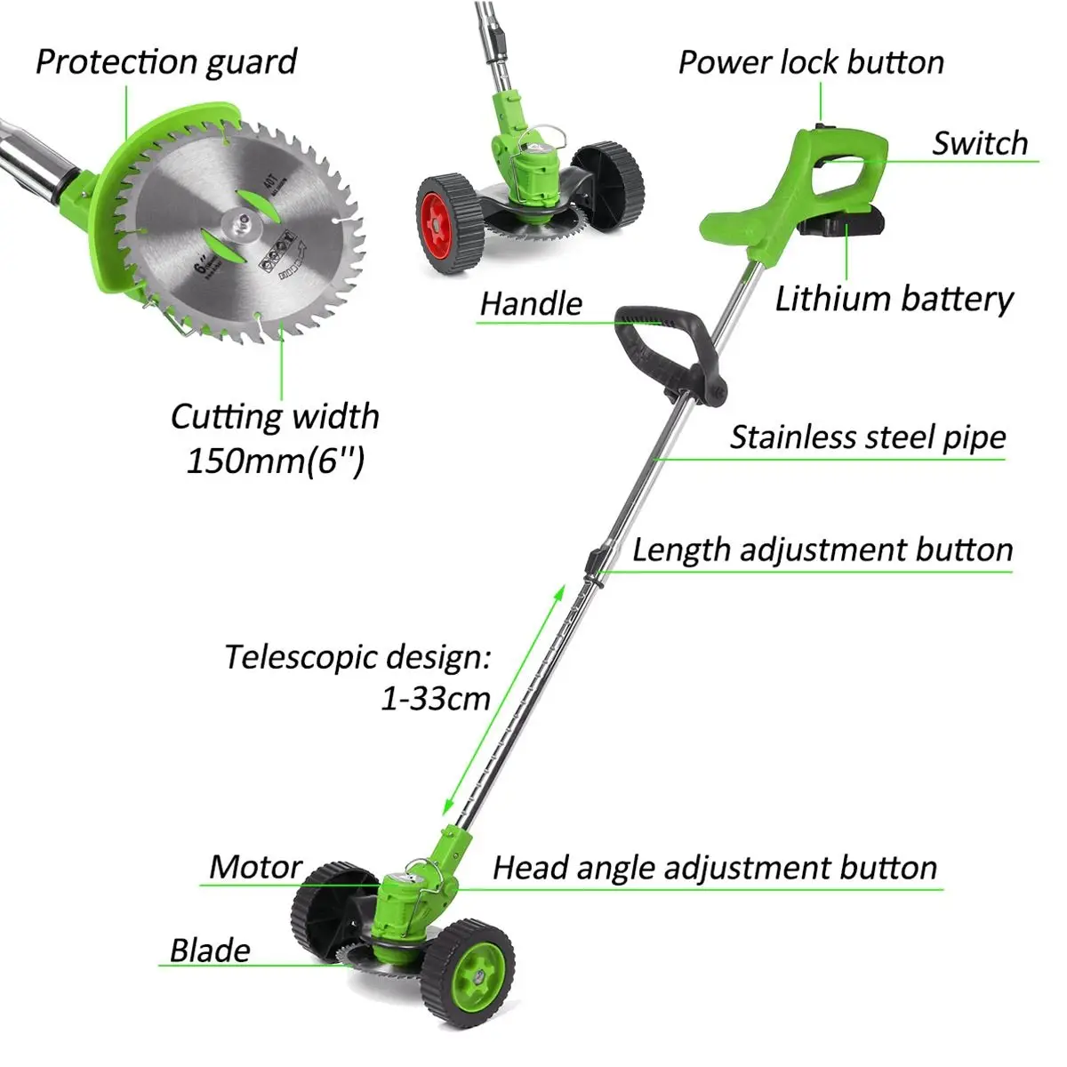 35000rpm Electric Grass Trimmer With 2 Battery and  Wheels Garden Lawn Mower Rechargeable Cordless Grass Pruning Tool 1800W