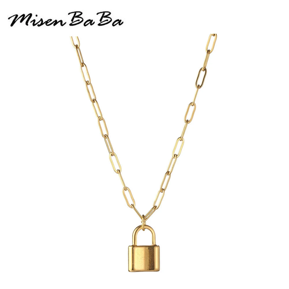 Fashion Stainless Steel Gold Silver Color PadLock Pendant Necklaces For Woman Punk hip hop Y Shape Padlock Pendant necklace