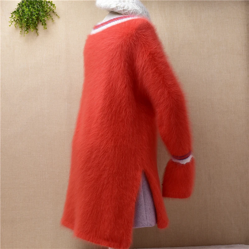 Женский пуловер из меха ангорки с длинными рукавами-фонариками и V-образным