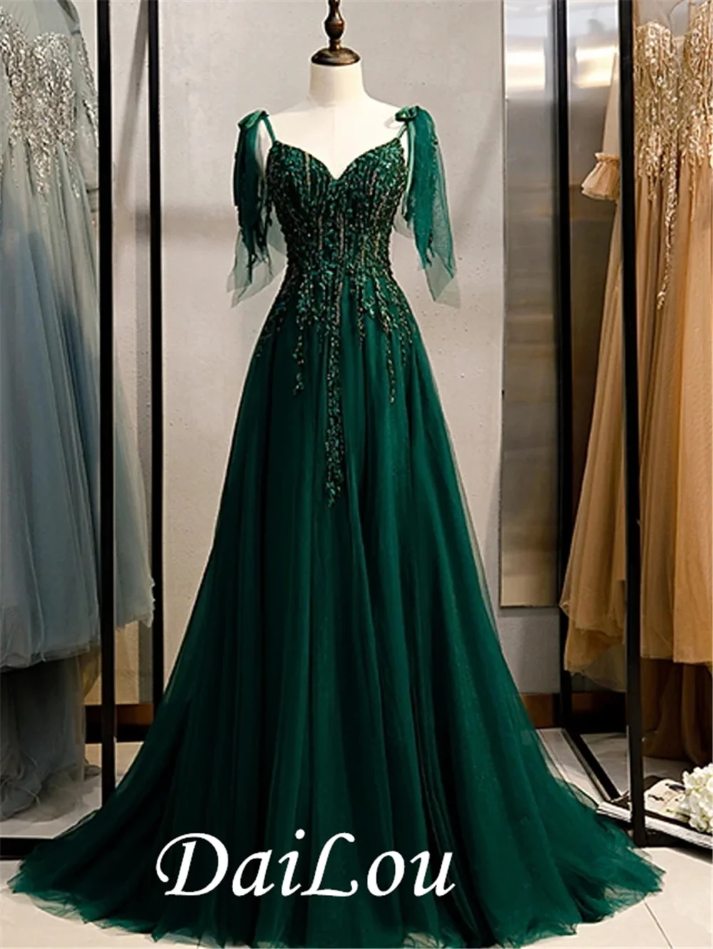 

A-Line Elegant Engagement Formal Evening Dress Spaghetti Strap Sleeveless Sweep/Brush Train Tulle with Beading Embroidery 2021