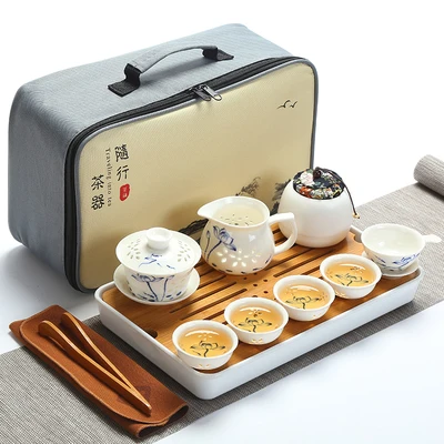 Качественный дорожный чайный набор кунг-фу чайник чашки gaiwan infuser chahai портативная коробка cozies деревянный бамбуковый поднос китайский чайный церемониальный набор - Цвет: SET 2
