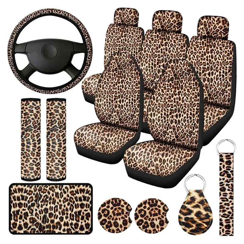 

Комплект чехлов для автомобильных сидений с леопардовым принтом, 15 шт., подкладки для ремня безопасности, подставки, подлокотники и брелок