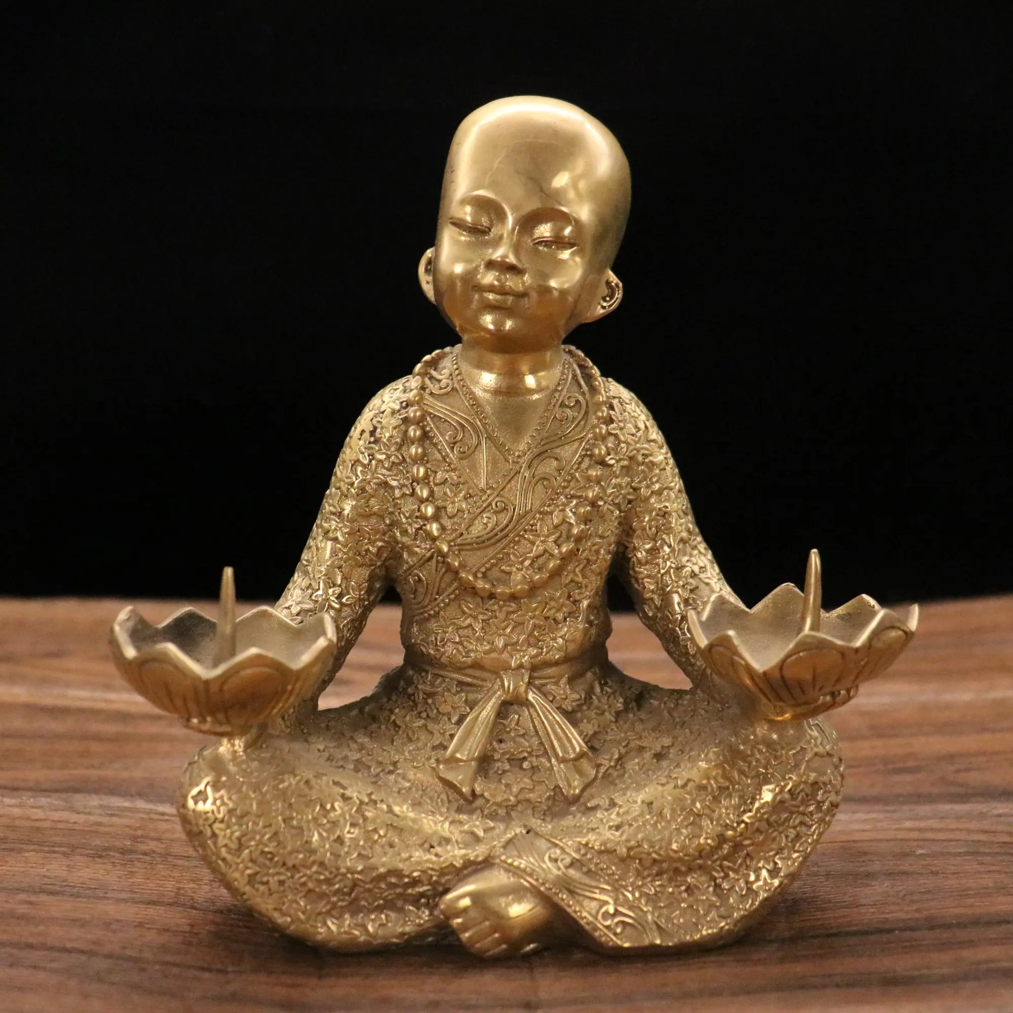 

7"Chinese Folk Collection Old Bronze Little monk Wax table Little novice monk Amitabha Candlestick Office Ornaments Town House