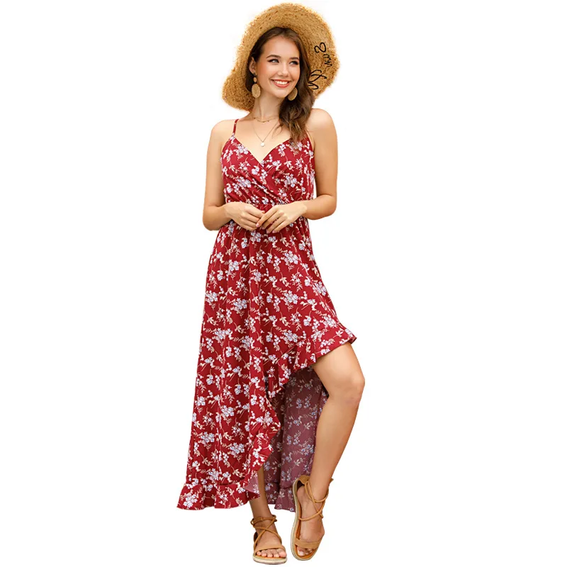 

European and American Women's Dress with Long Print Sling Belt Flounce Irregular Dress Summer New Style Dresses for Women