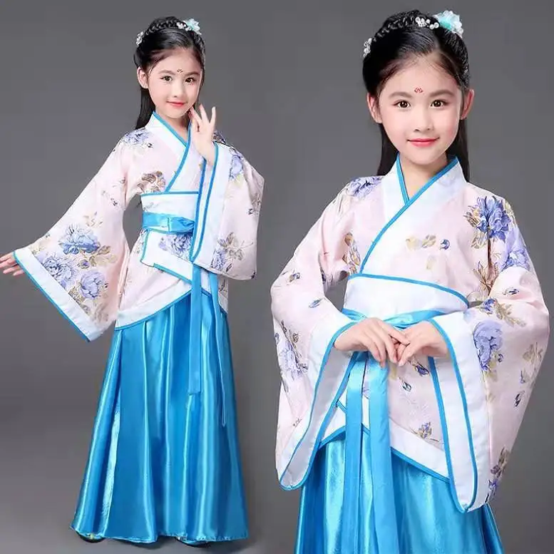 floral blue Детский традиционный костюм для китайских танцев, детское платье с длинными рукавами для девочек, детская одежда, Древний китайский стиль - Цвет: floral blue