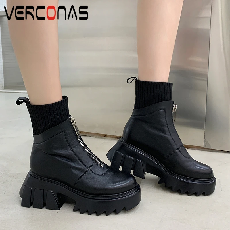 

VERCONAS 2021 Fashion Women Mid-Calf Boots Popular Cool Genuine Leather Casual New Zipper Autumn Winter Platforms Boots Woman