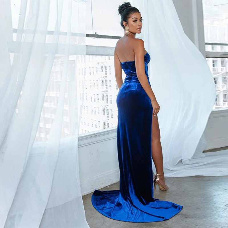 Женское бархатное платье Fuedage длинное облегающее с разрезом без бретелек